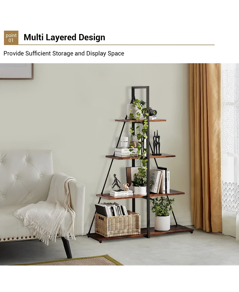 gaomon 4-Tier Industrial A-Frame Ladder Bookshelf,Metal Frame Retro Wood Display Rack for Living Room and Home Office Storage