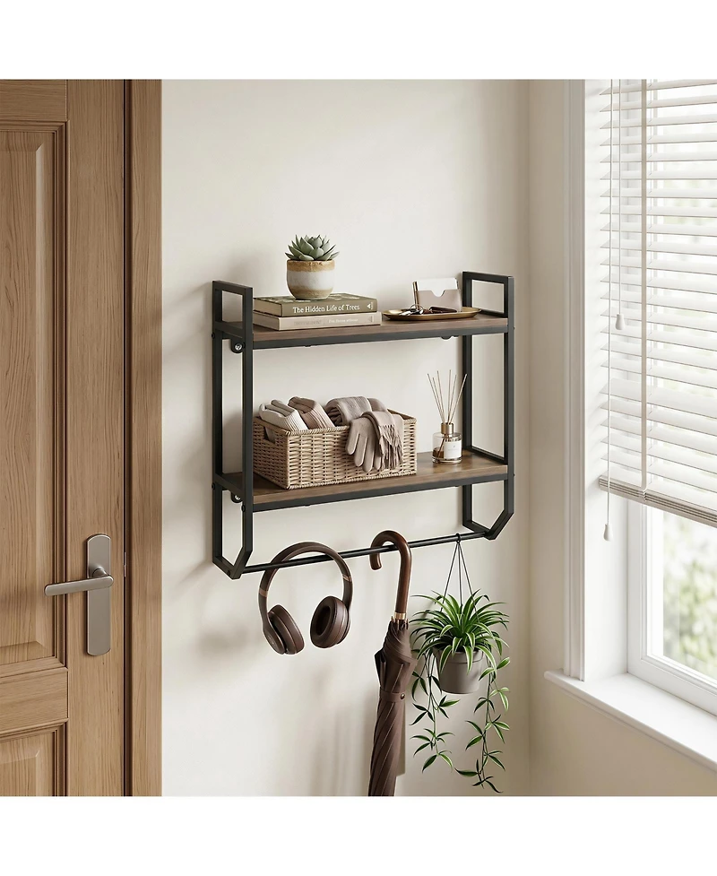 Gymax 2-Tier Floating Shelving Wall-Mounted Shelf with Hanging Rod Expansion Screws