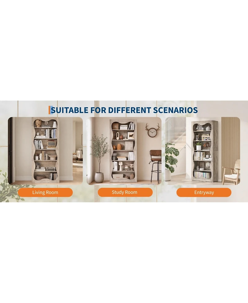 gaomon Tall 6-Tier Wood Bookshelf, Freestanding Bookcase with Wavy Scalloped Edge, Large Storage Display Shelf for Living Room Bedroom Office Library