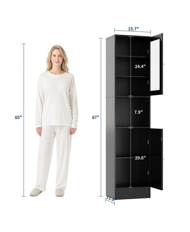 gaomon 67 Tall Bathroom Storage Cabinet, Slim Glass-Door Freestanding Towel Cabinet with Anti-Tip Design