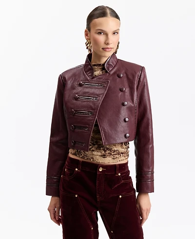 Avec Les Filles Women's Double-Breasted Military-Style Cropped Faux Leather Jacket