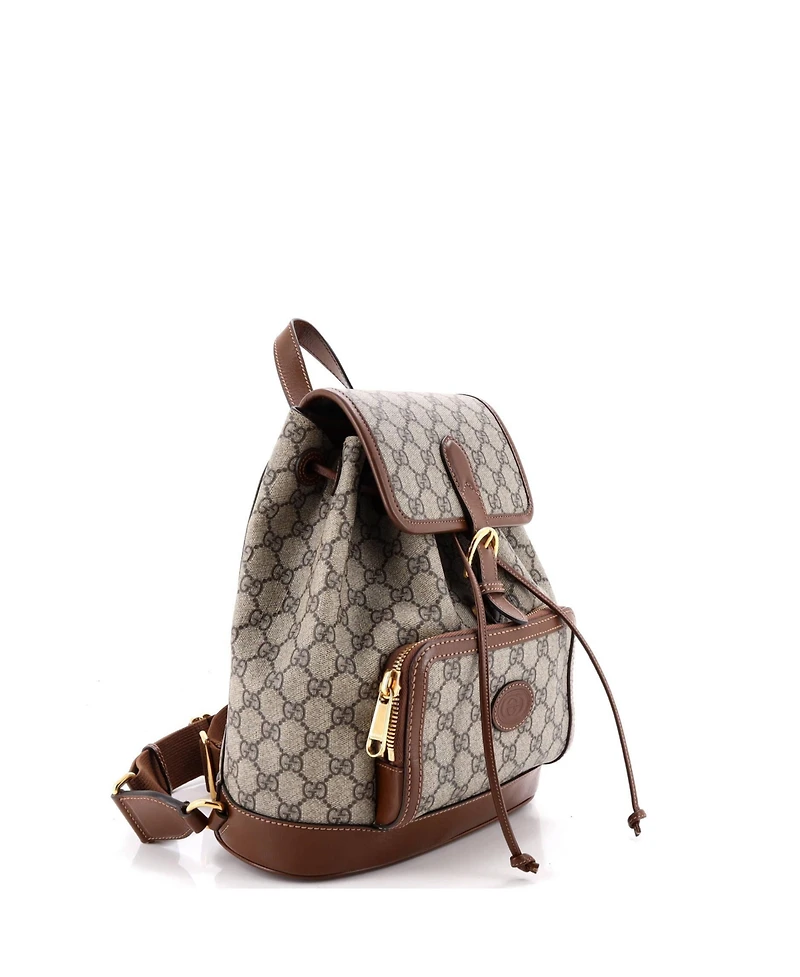 Pre-Owned Gucci Small Interlocking G Patch Drawstring Flap Backpack Gg Coated Canvas