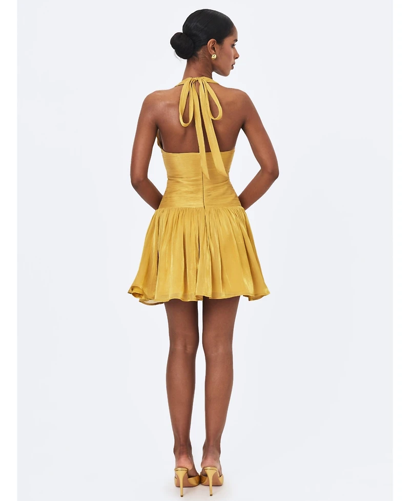 Miss Circle Women's Xavia Gold Crystal Organza Plunging Halter Mini Dress