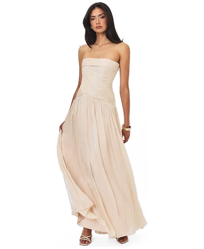 Miss Circle Women's Olivine Light Beige Crystal Organza Strapless Maxi Dress