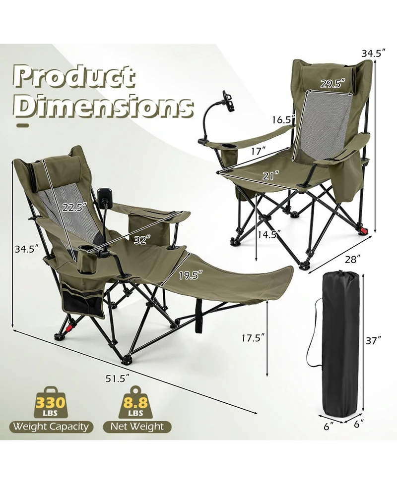 Sugift 2-in-1 Reclining Camping Chair Converting to Lounger with 3-Level Adjustable Backrest