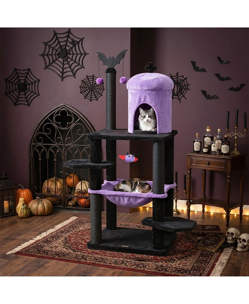 Gymax Gothic Cat Tree for Indoor Cats 51 Inch Spooky Tower With Castle House Hammock