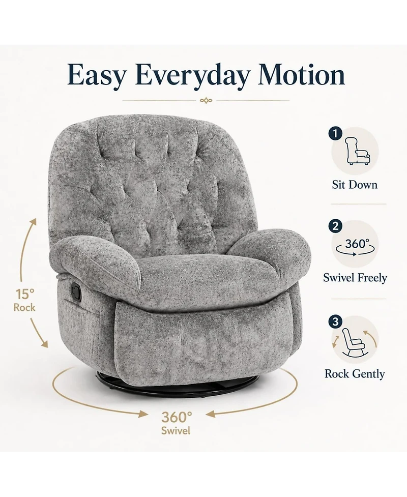 gaomon Swivel Rocker Recliner Chenille, 360degree(s) Swivel, Rocking, Side Pockets and Footrest, 135degree(s) Recline