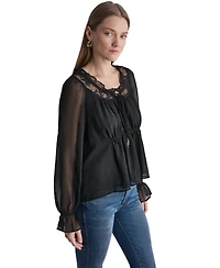 Bcbg Women's Scoop Neckline Lace-Trim Long-Sleeve Blouse
