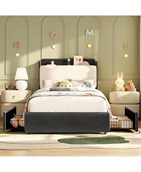 Upholstered Bed Frame with Shelf and Drawers, Chenille Platform Built Headboard for Phone Books, Easy Assembly