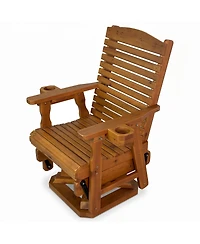 Innovaze Solid Fir Wood Patio Glider Swivel Chair, 360-Degree Rotating Outdoor Rocker with Cup Holders