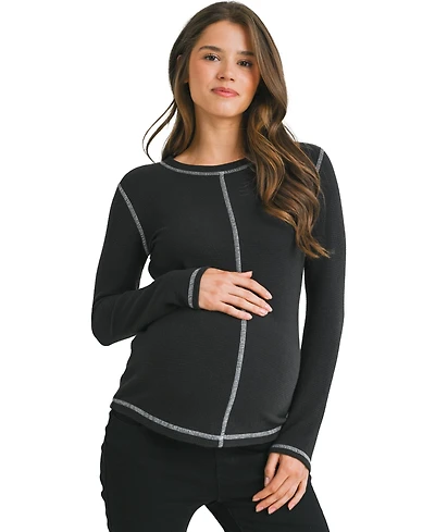 Hello Miz Maternity Waffle-Knit Crewneck Long-Sleeve Top