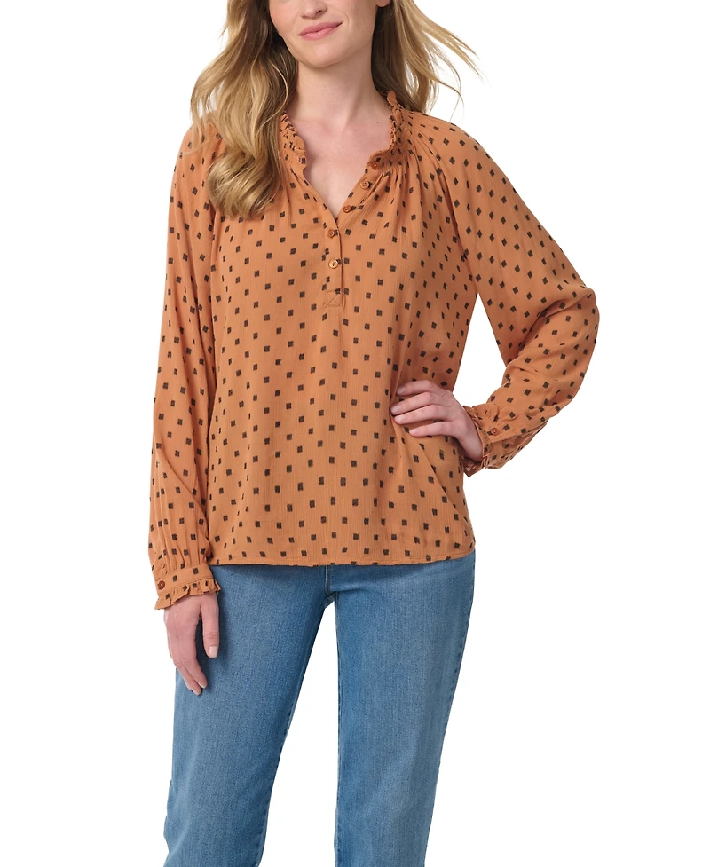 Gloria Vanderbilt Women's Lenna Long-Sleeve Polka-Dot Band-Collar Blouse