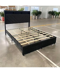Gaomon Soft Velvet Upholstered Platform Bed Frame With Charging Station And 2 Storage Drawers, 52 Inch Two Tier Headboard