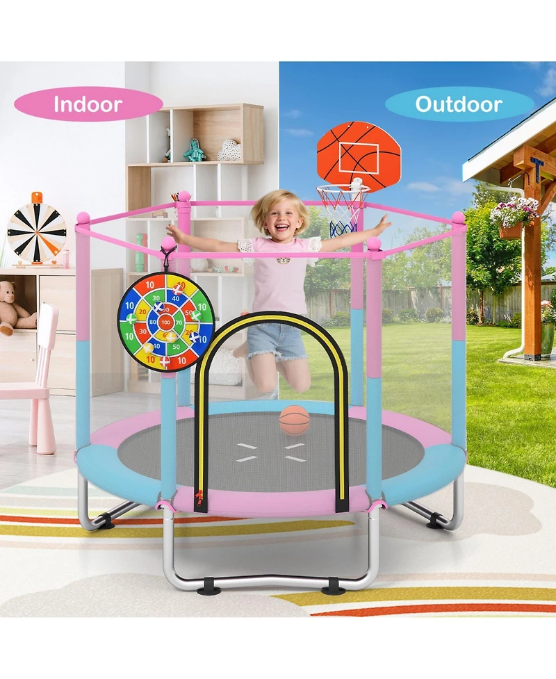 Gymax 60'' Kids Trampoline With Basketball Hoop Dartboard No-gap Design Safe Enclosure Net