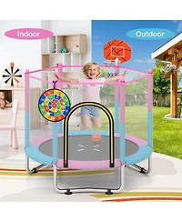 Gymax 60'' Kids Trampoline With Basketball Hoop Dartboard No-gap Design Safe Enclosure Net
