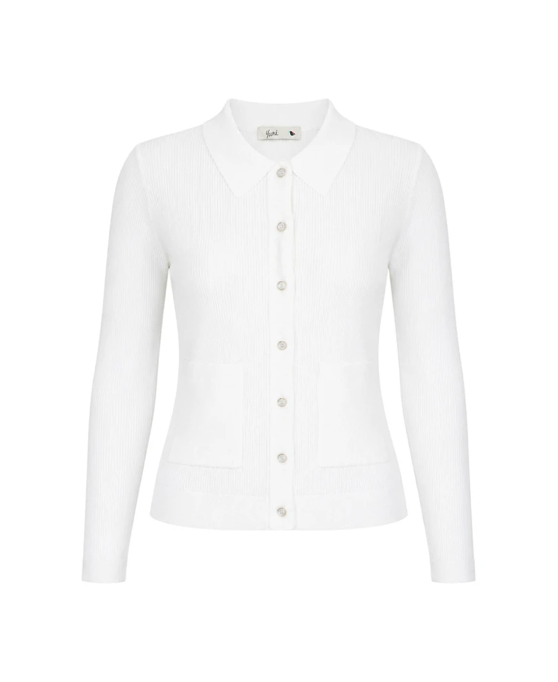 Yumi Women's Ribbed Collar Button Up Cardigan