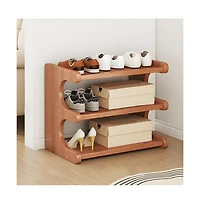 Slickblue 3-Tier Freestanding Wicker Shoe Rack with Wood Grain Shelves