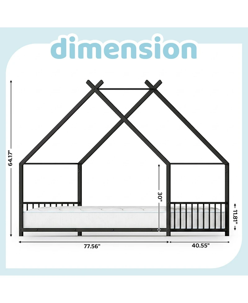 Slickblue Twin Metal House Bed Frame for Kids with Side Rails and Platform Design