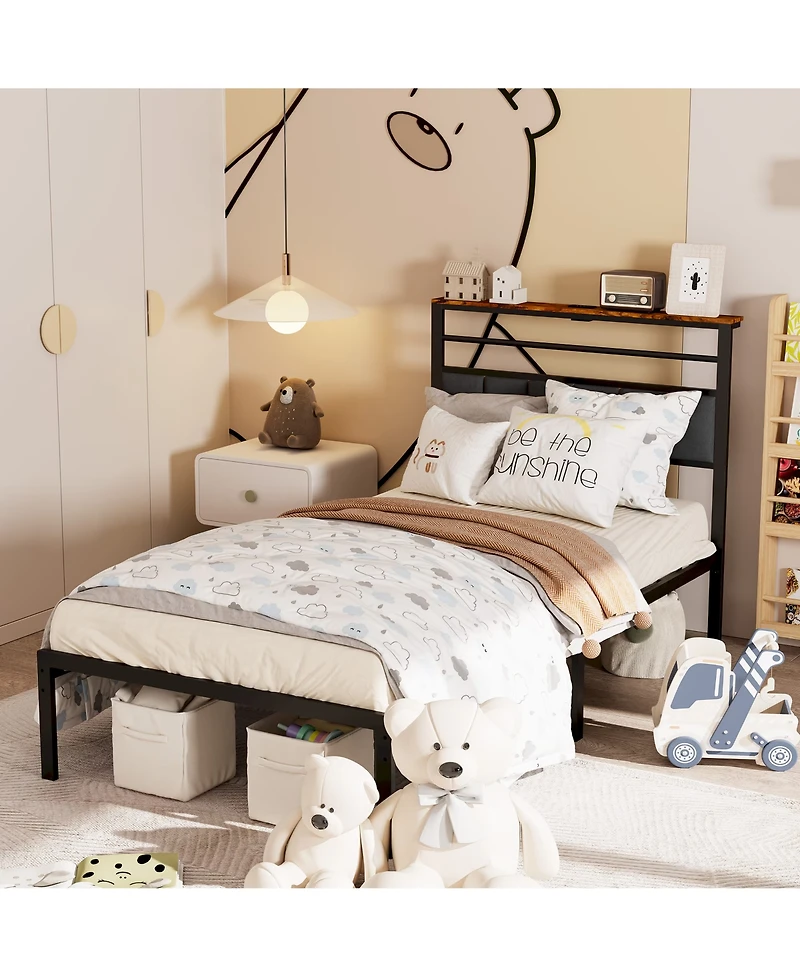 Slickblue Twin Size Bed Frame with Headboard, Storage Shelf and Metal Frame