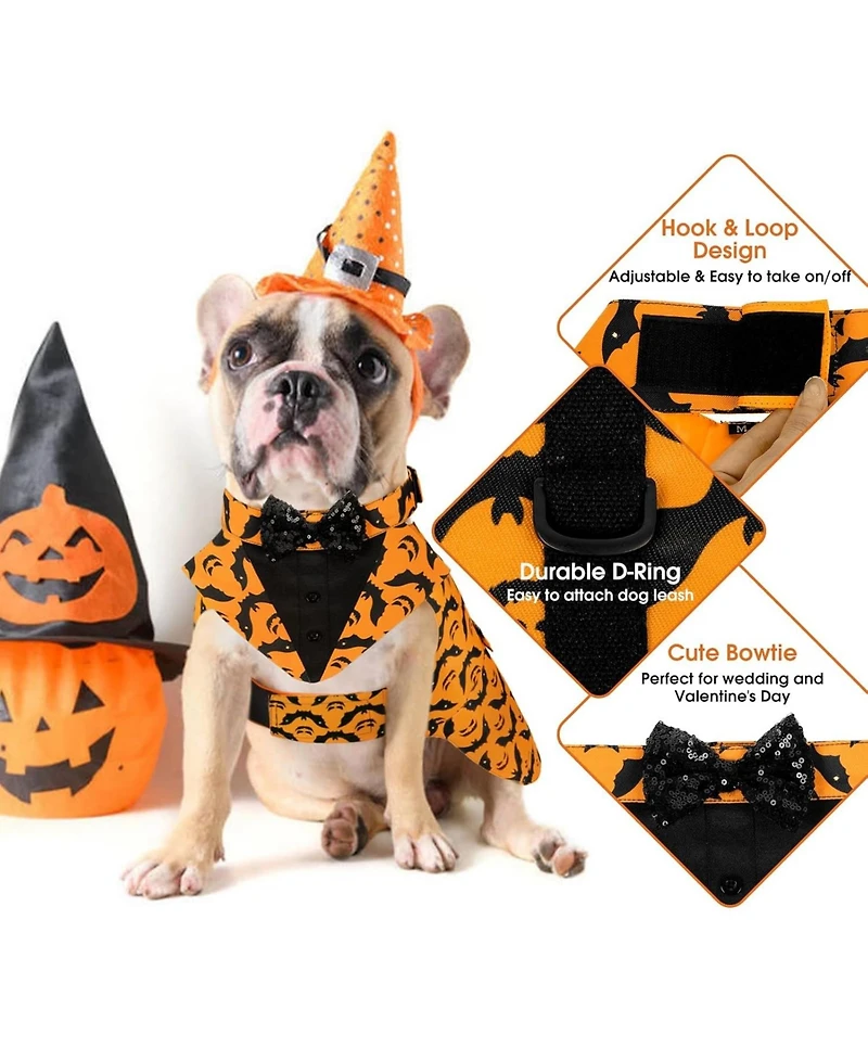 Formal Tuxedo and Seasonal Bandana Two-Piece Dog Costume Set with D-Ring and Detachable Bowtie