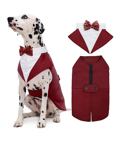 Formal Tuxedo and Bandana Two-Piece Set with Detachable Bowtie Collar for Dogs