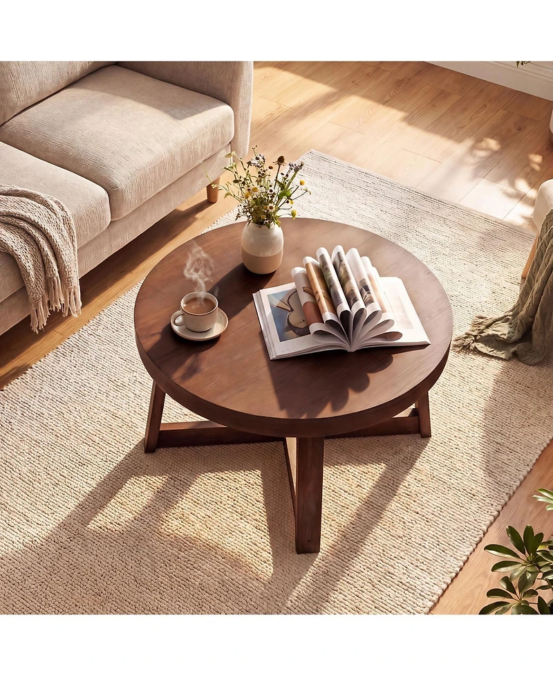 Gymax 30'' Wood Accent Table Thickened Top Cross-shaped Support Frame for Living Room Walnut
