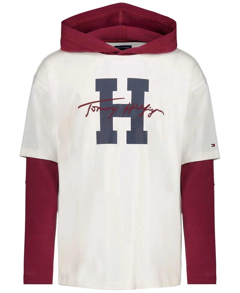 Tommy Hilfiger Boys' 4-20 H Script Hooded Doubler Long-Sleeve Drop-Shoulder T-Shirt