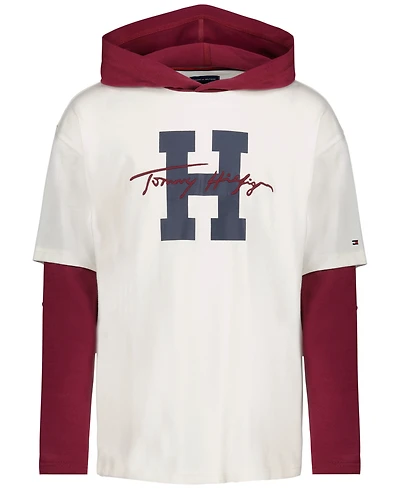 Tommy Hilfiger Boys' 4-20 H Script Hooded Doubler Long-Sleeve Drop-Shoulder T-Shirt