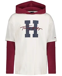 Tommy Hilfiger Boys' 4-20 H Script Hooded Doubler Long-Sleeve Drop-Shoulder T-Shirt