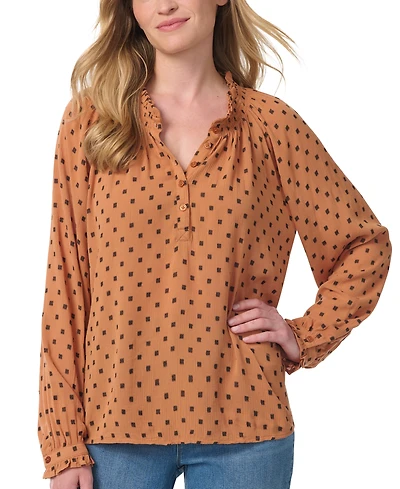 Gloria Vanderbilt Women's Lenna Long-Sleeve Polka-Dot Band-Collar Blouse