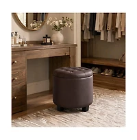 SongmicsHome Round Ottoman, Ottoman with Storage, Foot Rest with Legs, Synthetic Leather, for Living Room, Bedroom