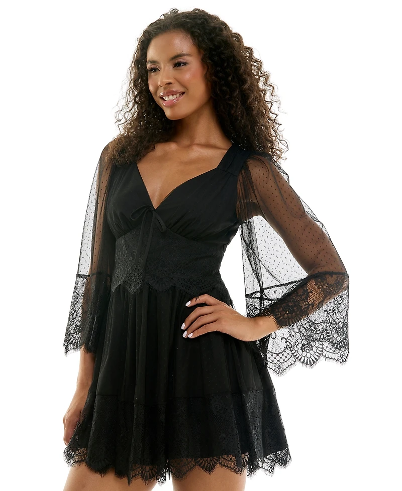 Seni & Cade Juniors' Pin Dot Mesh Lace Babydoll Mini Dress