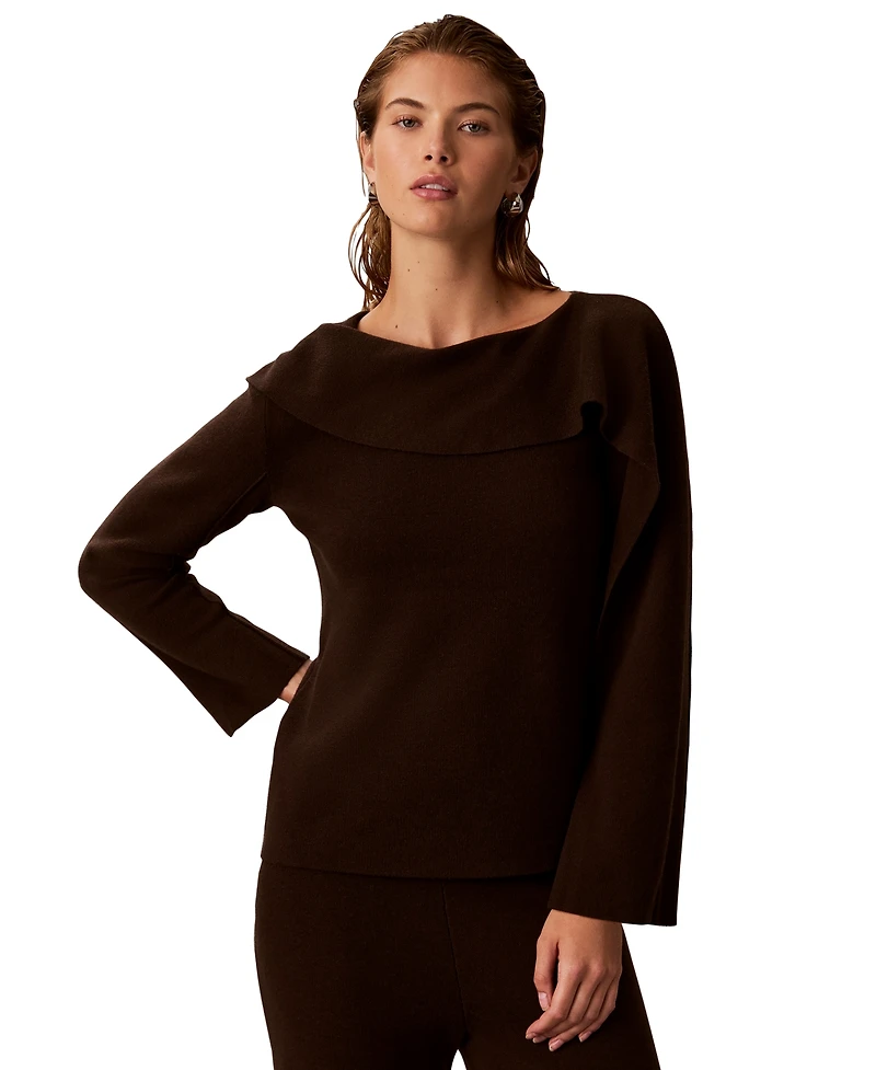 Calvin Klein Petite Asymmetrical Draping Long-Sleeve Bateau Neck Sweater