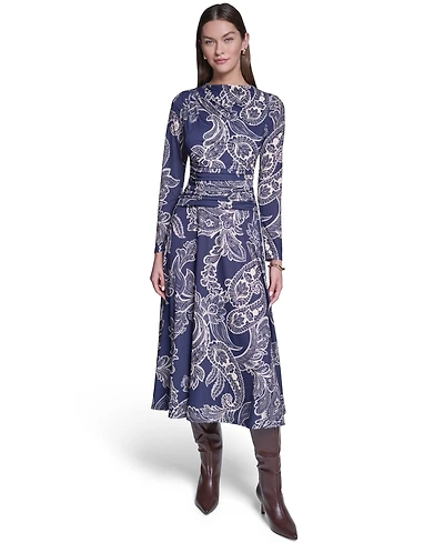 Halston Women's Long-Sleeve Paisley-Print A-Line Midi Dress