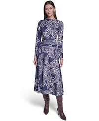Halston Women's Long-Sleeve Paisley-Print A-Line Midi Dress