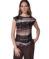Donna Karan New York Womens Sleeveless Boat Neck Striped Blouse