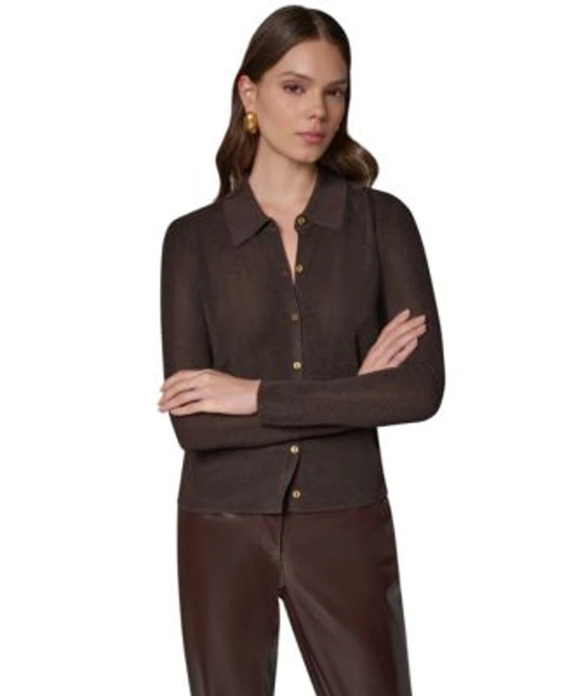 Donna Karan New York Womens Dk920 Long Sleeve Fitted Polo Shirt