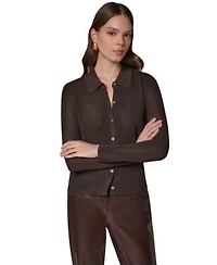 Donna Karan New York Womens Dk920 Long Sleeve Fitted Polo Shirt