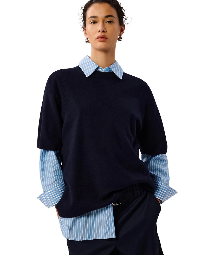 Whistles Women's Crewneck Loose Fine Knit Cotton-Blend T-Shirt