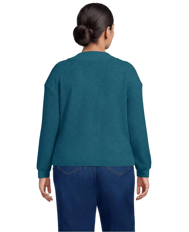 Lands' End Plus Long Sleeve Waffle V-neck Cardigan