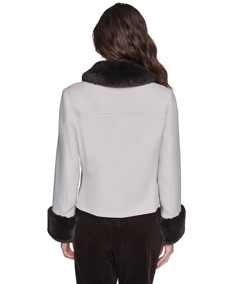 Karl Lagerfeld Paris Women's Faux-Fur Collar and Cuffs Short Jacket