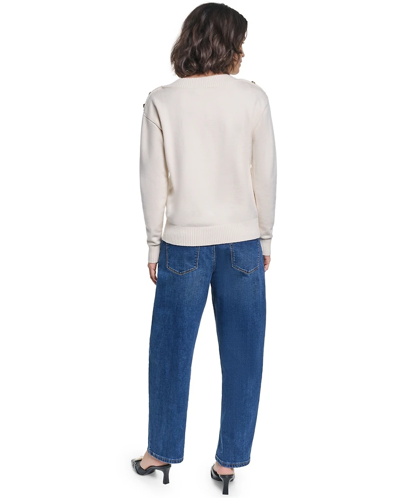 Karl Lagerfeld Paris Women's Button Shoulder Boat Neck Long-Sleeve Sweater