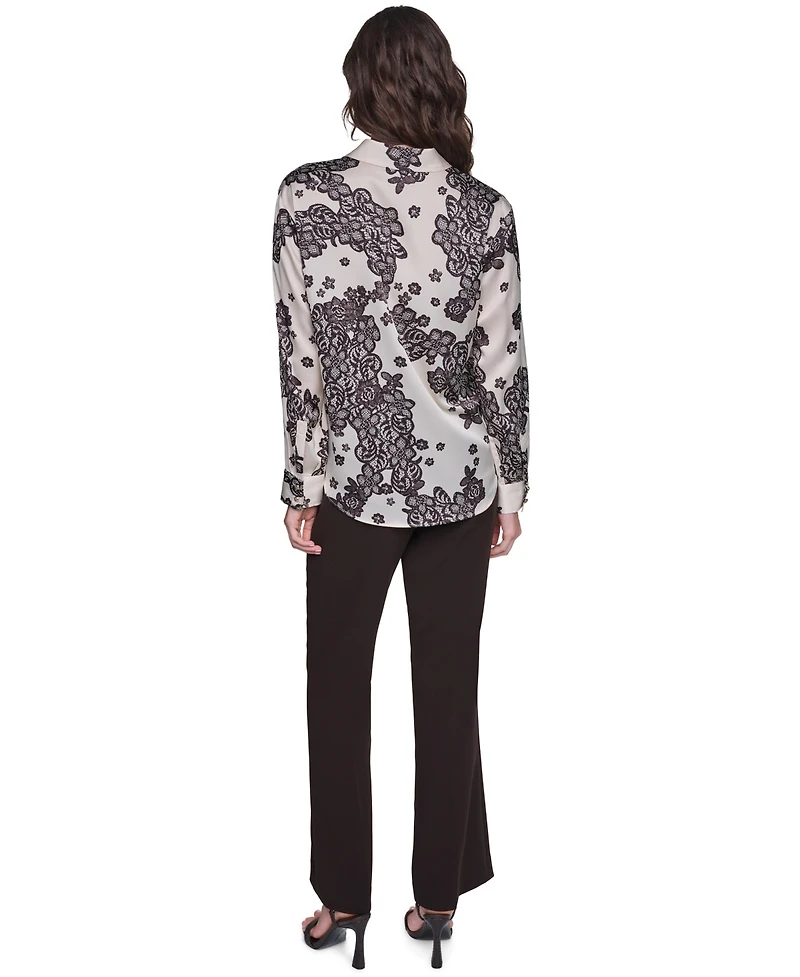 Karl Lagerfeld Paris Women's Long-Sleeve Printed Collared Blouse