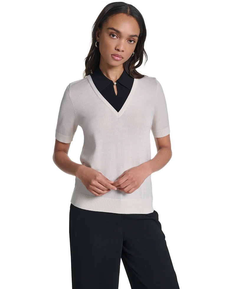 Karl Lagerfeld Paris Women's Merino Wool-Blend Short-Sleeve V-Neck Sweater