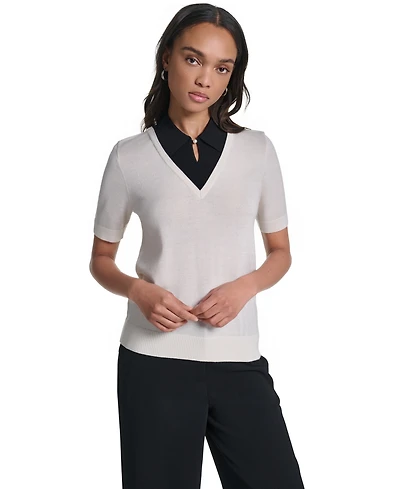 Karl Lagerfeld Paris Women's Merino Wool-Blend Short-Sleeve V-Neck Sweater