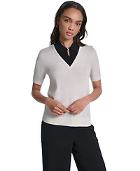Karl Lagerfeld Paris Women's Merino Wool-Blend Short-Sleeve V-Neck Sweater