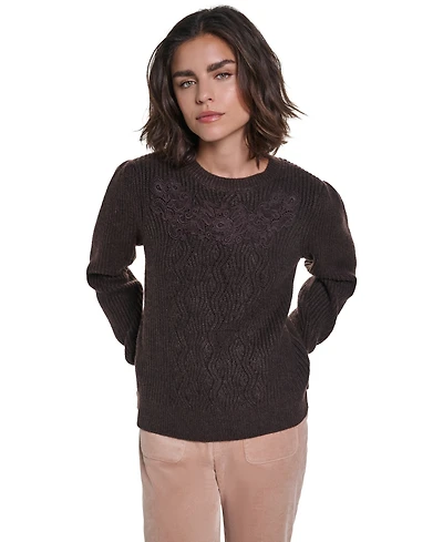 Karl Lagerfeld Paris Women's Cable-Knit Floral Lace Applique Sweater