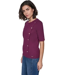 Karl Lagerfeld Paris Women's Short-Sleeve Crewneck Ribbed-Knit Cotton-Blend Sweater