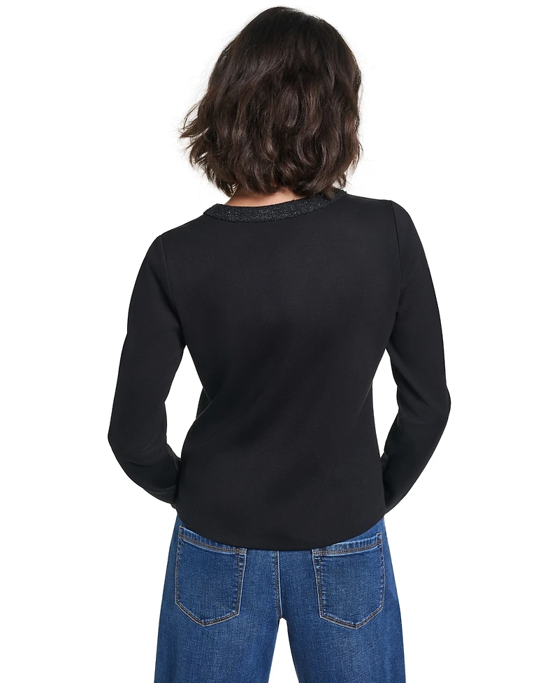 Karl Lagerfeld Paris Women's Long-Sleeve Crewneck Button-Pocket Blouse