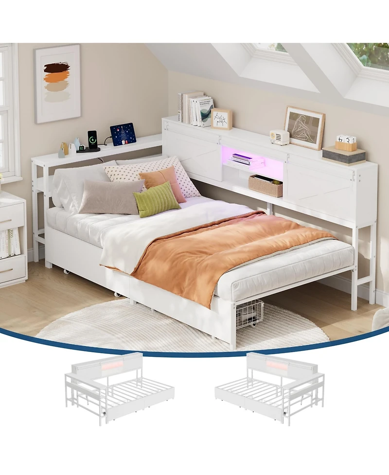 homfan Twin Corner Bed Frame with Storage, Charging Station Led Light, Metal Platform Bed with 2 Drawers, Adjustable Desk and Bookcase Headboard